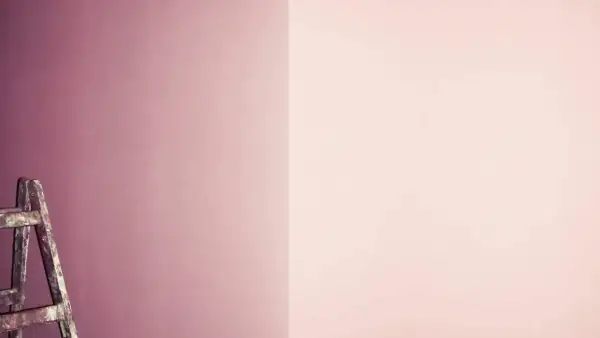 Alte Leiter steht vor einer Wand, die in zwei Rosatöne geteilt ist. Perfekt für das **Wandfarbe mischen** für ein neues Projekt.