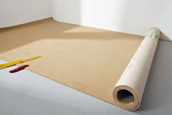 Werkzeug liegt bereit für das Teppich verlegen. Ein Teppichboden wird ausgerollt, daneben ein Zollstock und ein Cuttermesser.