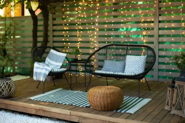 Gemütliche Terrasse gestalten mit wenig Geld: Zwei schwarze Korbsessel, ein Sofa, ein Teppich und Lichterketten schaffen eine einladende Atmosphäre.